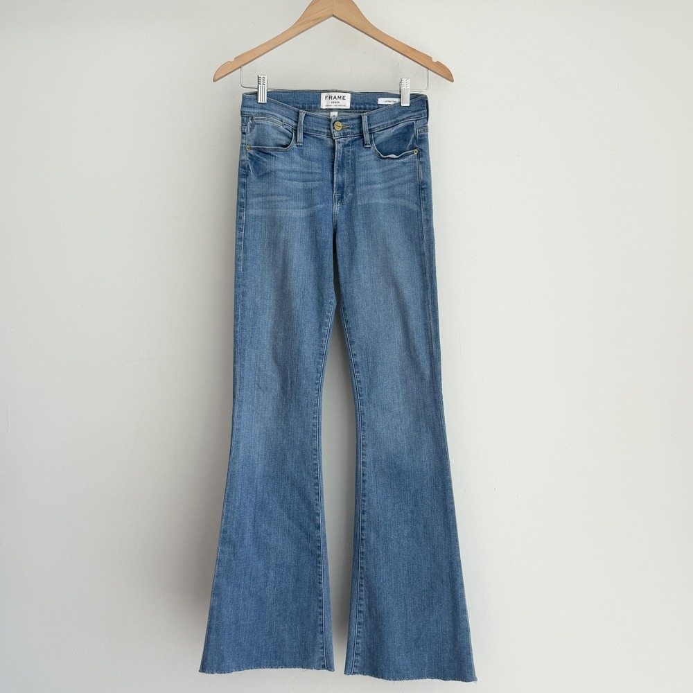 FRAME Jeans Womens 25 Le High Flare High Rise Raw Hem Denim Stretch Light Wash